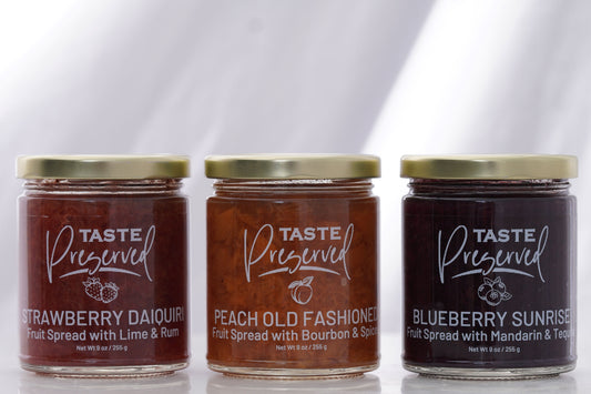 Front jar view of Strawberry Daiquiri, Peach Old Fashioned and Blueberry Sunrise